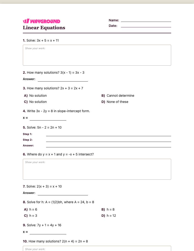 Linear Equations Worksheet - Có thể in Phương-trình-tuyến-tính Phiếu-bài-tập - Quizizz