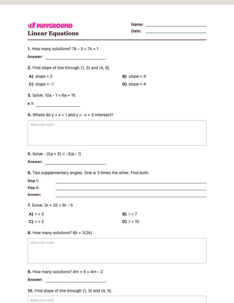 Linear Equations Worksheet - Imprimible Equações-lineares Fichas-de-trabalho Série 8 - Quizizz