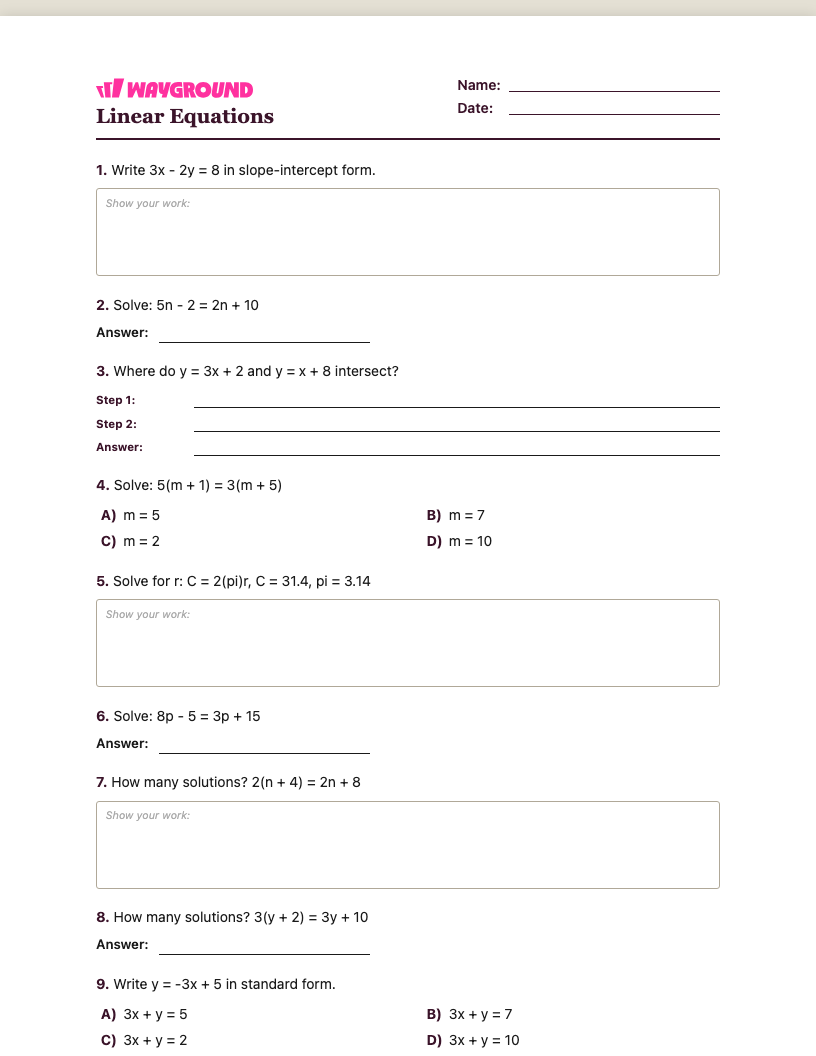 Linear Equations Worksheet - Imprimible Equações-lineares Fichas-de-trabalho Série 8 - Quizizz