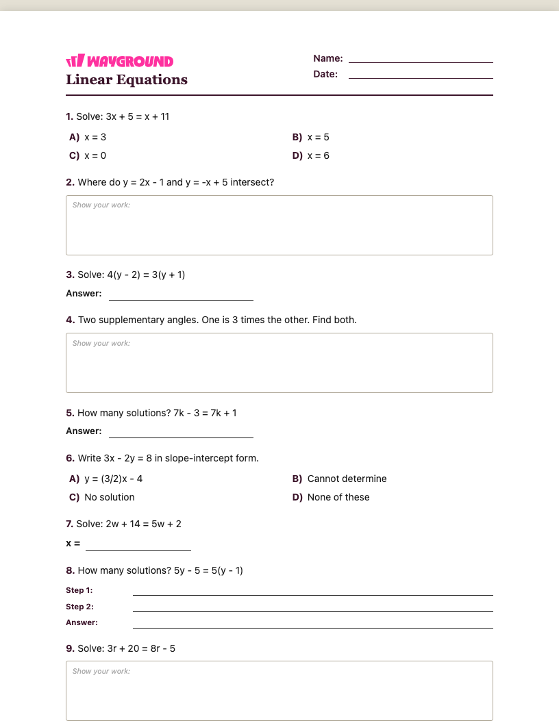 Linear Equations Worksheet - Imprimible Equações-lineares Fichas-de-trabalho Série 8 - Quizizz