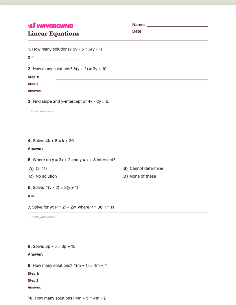 Linear Equations Worksheet - Có thể in Phương-trình-tuyến-tính Phiếu-bài-tập - Quizizz
