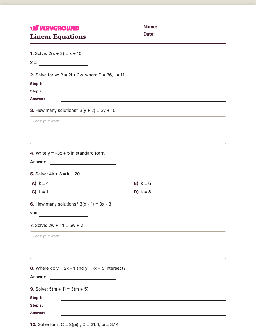 Linear Equations Worksheet - Imprimible Equações-lineares Fichas-de-trabalho Série 8 - Quizizz