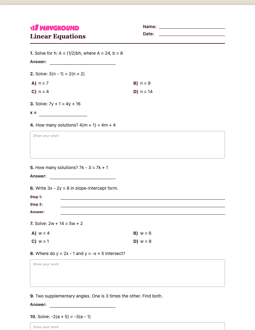 Linear Equations Worksheet - Imprimible Equações-lineares Fichas-de-trabalho Série 8 - Quizizz