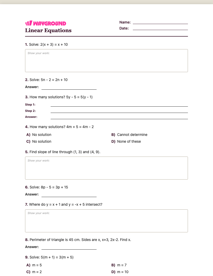 Linear Equations Worksheet - Imprimible Equações-lineares Fichas-de-trabalho Série 8 - Quizizz
