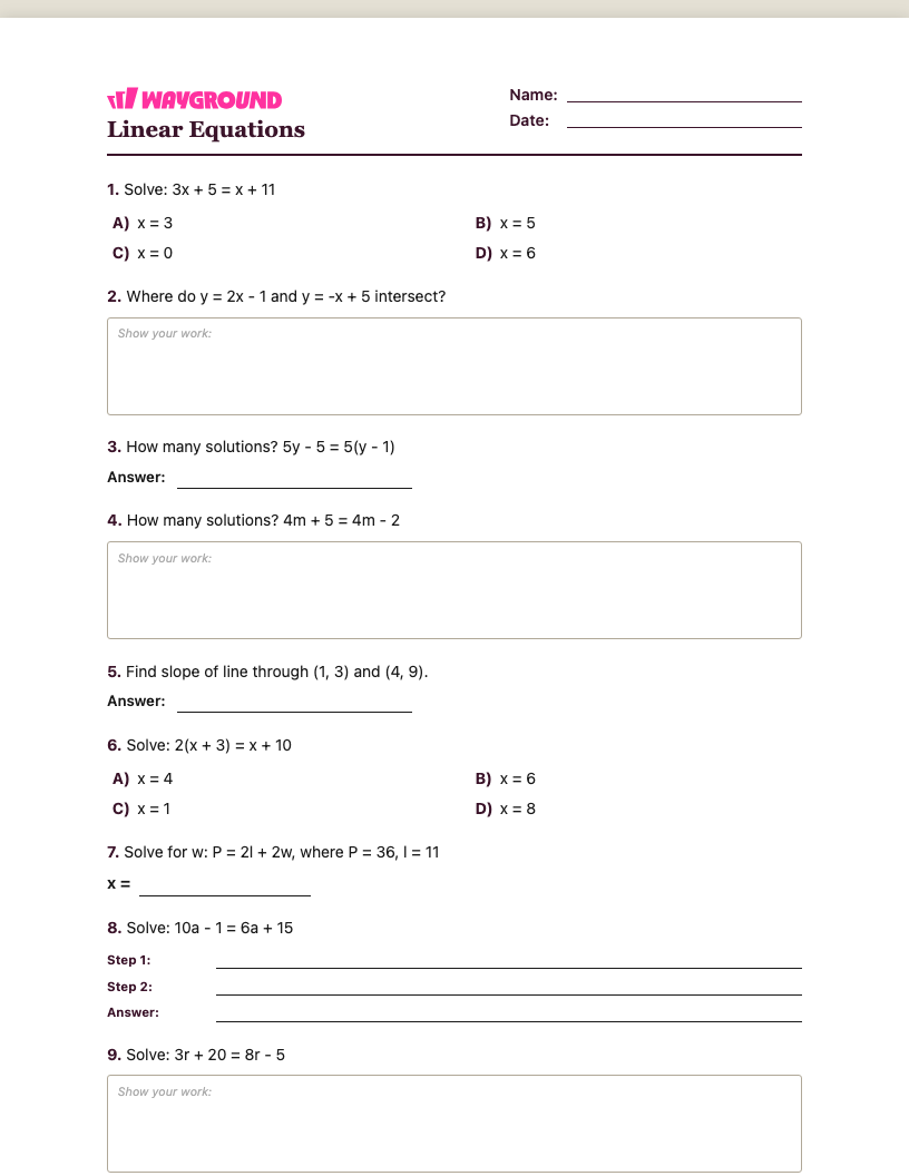 Linear Equations Worksheet - Imprimible Equações-lineares Fichas-de-trabalho Série 8 - Quizizz