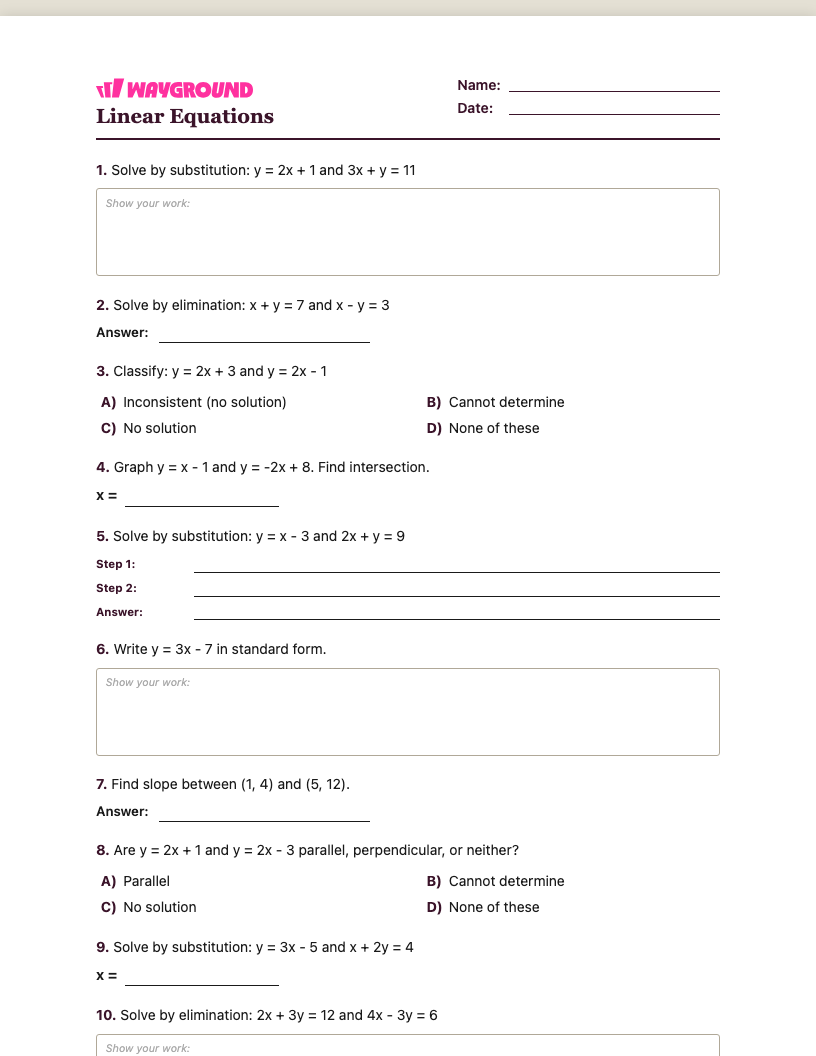 Linear Equations Worksheet - Có thể in Phương-trình-tuyến-tính Phiếu-bài-tập - Quizizz