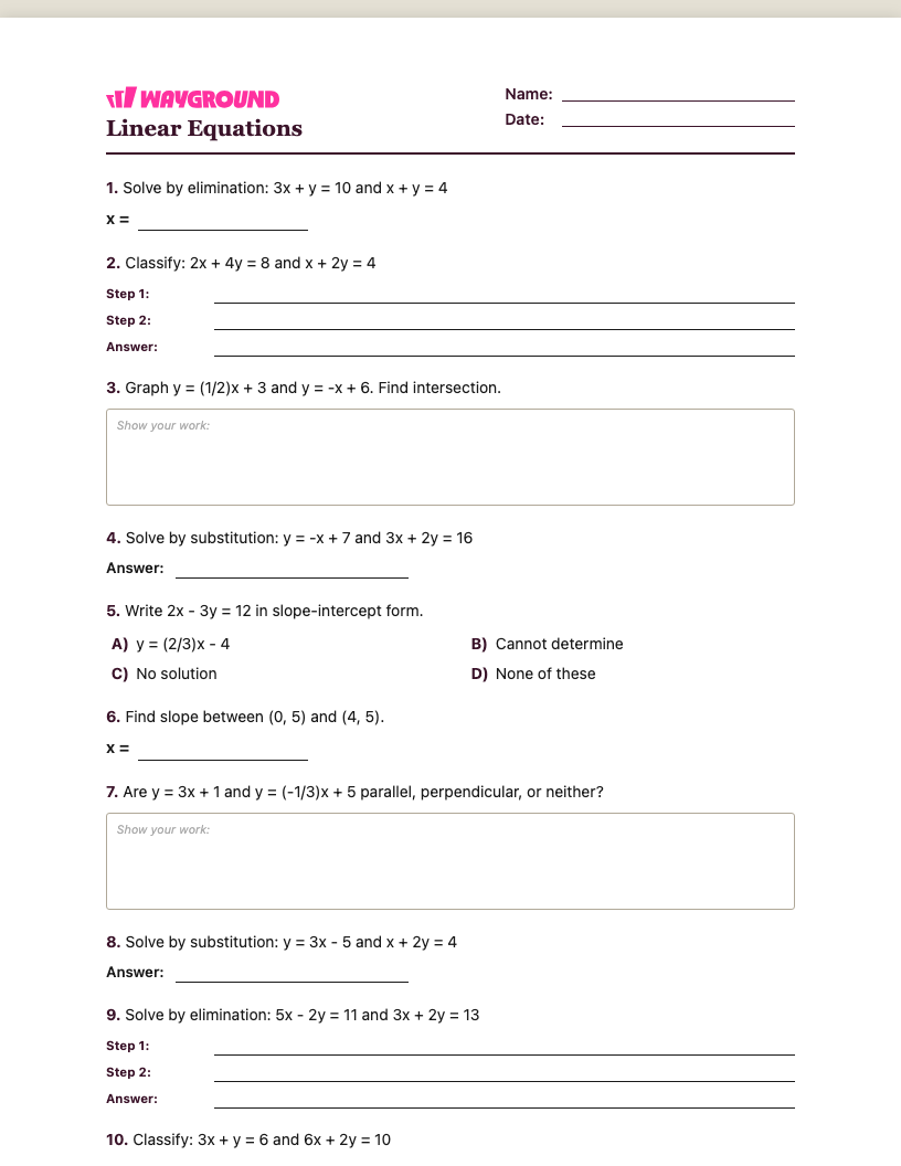 Linear Equations Worksheet - Có thể in Phương-trình-tuyến-tính Phiếu-bài-tập - Quizizz