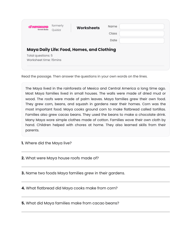Maya Daily Life: Food, Homes, and Clothing - Printable Maya-civilization Worksheets Year 3 - Wayground