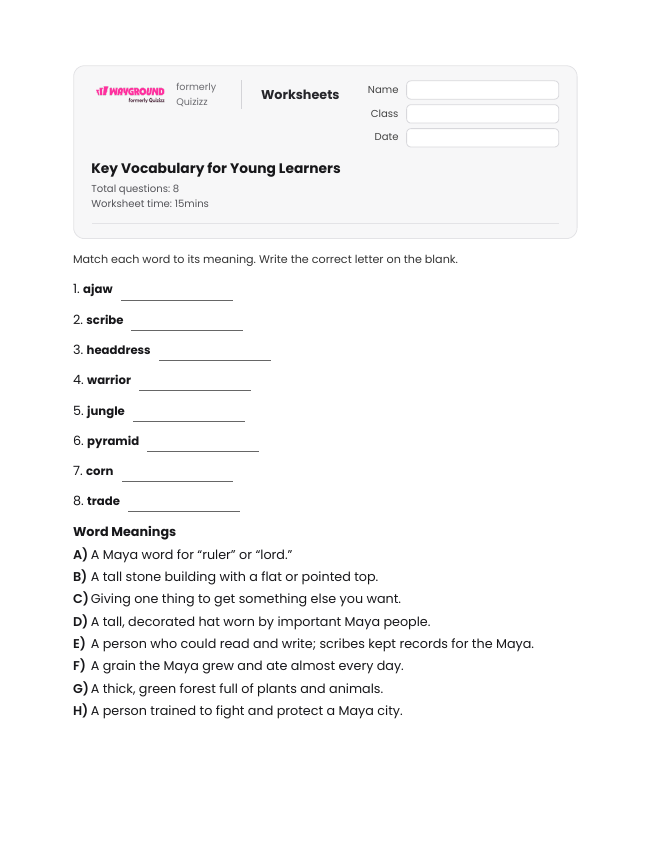 Key Vocabulary for Young Learners - Printable Maya-civilization Worksheets Year 3 - Wayground