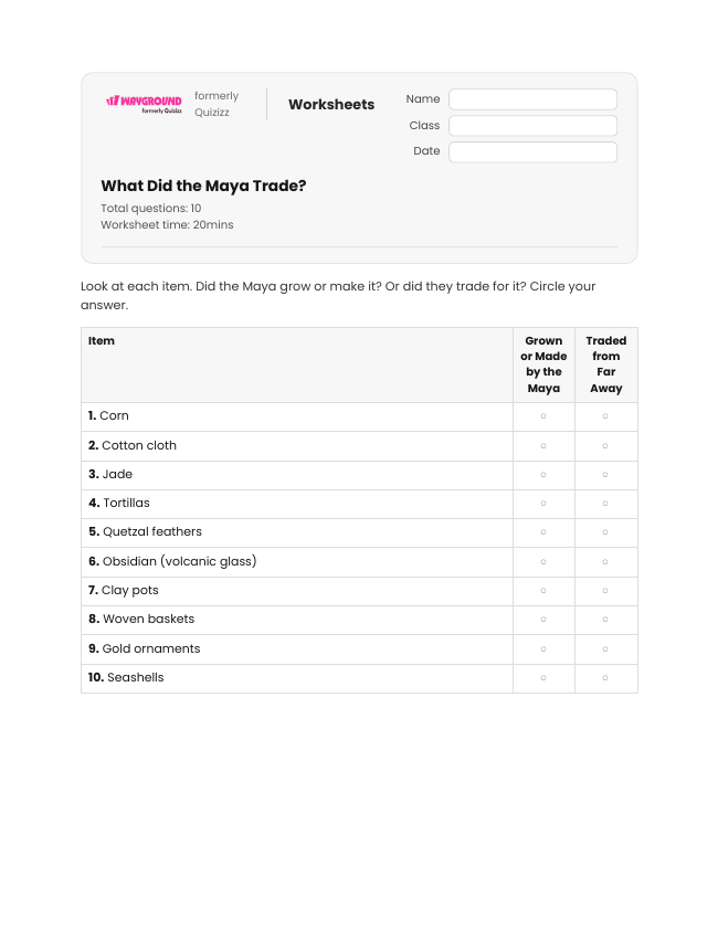What Did the Maya Trade? - Printable Maya-civilization Worksheets Year 3 - Wayground