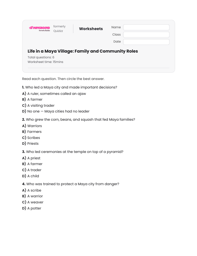 Life in a Maya Village: Family and Community Roles - Printable Maya-civilization Worksheets Year 3 - Wayground