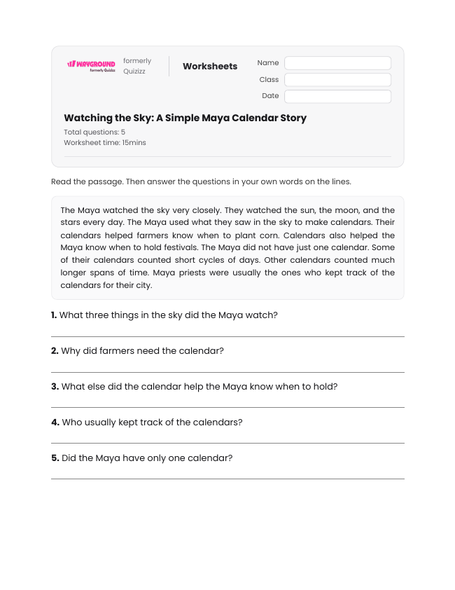 Watching the Sky: A Simple Maya Calendar Story - Printable Maya-civilization Worksheets Year 3 - Wayground