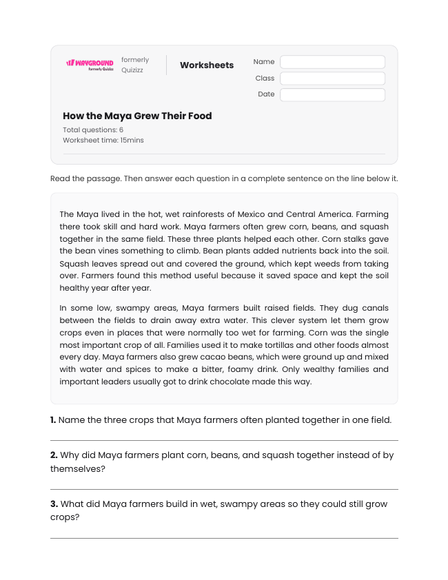 How the Maya Grew Their Food - Printable Maya-civilization Worksheets Year 4 - Wayground