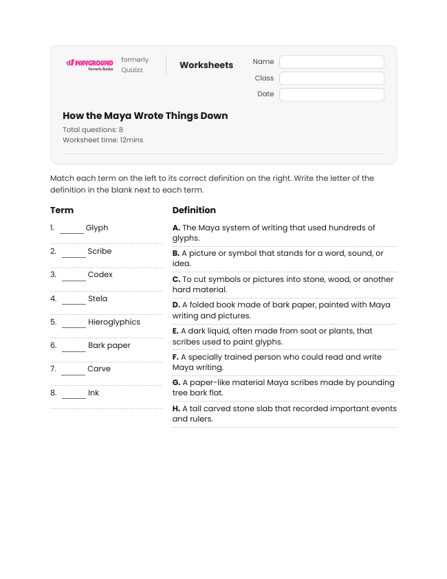 How the Maya Wrote Things Down - Printable Maya-civilization Worksheets Year 4 - Wayground