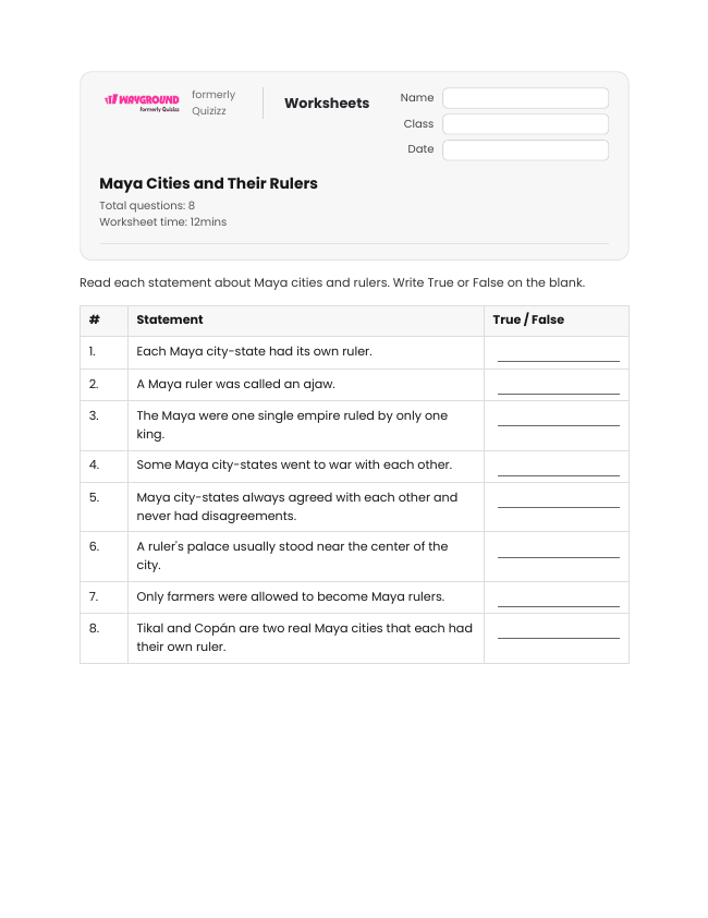 Maya Cities and Their Rulers - Printable Maya-civilization Worksheets Year 4 - Wayground