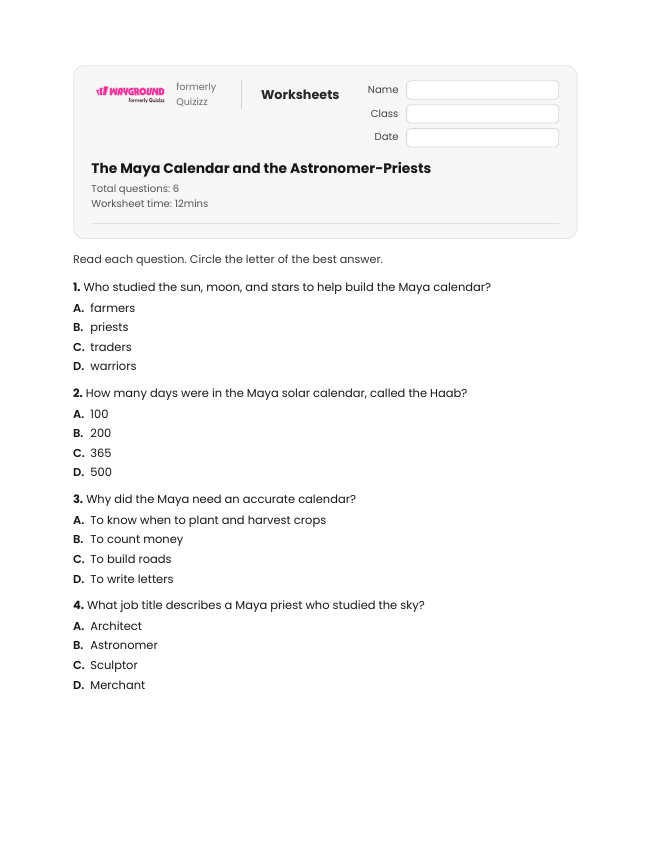 The Maya Calendar and the Astronomer-Priests - Printable Maya-civilization Worksheets Year 4 - Wayground