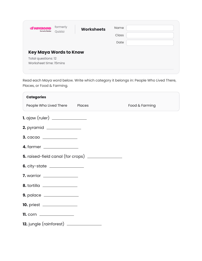 Key Maya Words to Know - Printable Maya-civilization Worksheets Year 4 - Wayground