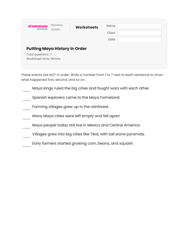 Putting Maya History in Order - Printable Maya-civilization Worksheets Year 4 - Wayground