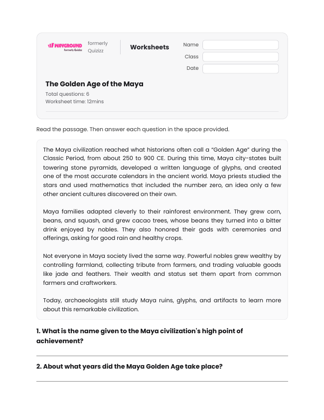 The Golden Age of the Maya - Printable Maya-civilization Worksheets Year 5 - Wayground