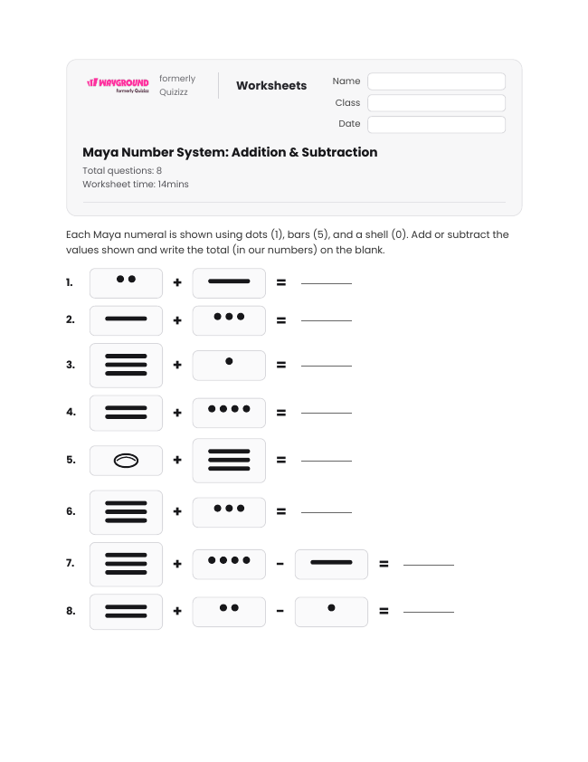 Maya Number System: Addition & Subtraction - Printable Maya-civilization Worksheets Year 5 - Wayground