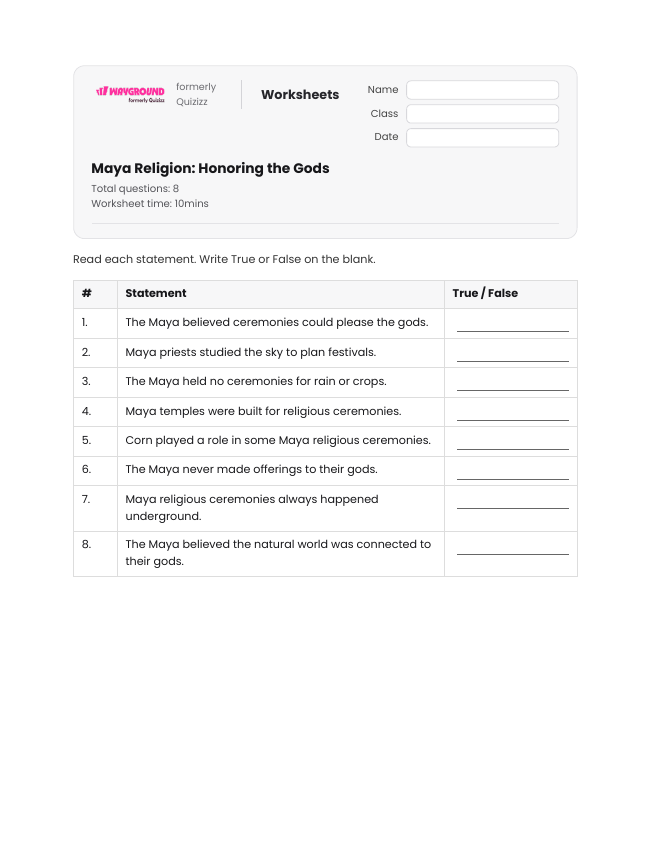Maya Religion: Honoring the Gods - Printable Maya-civilization Worksheets Year 5 - Wayground