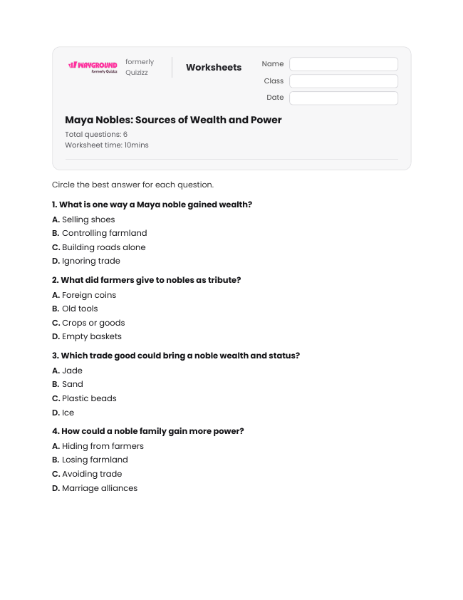 Maya Nobles: Sources of Wealth and Power - Printable Maya-civilization Worksheets Year 5 - Wayground