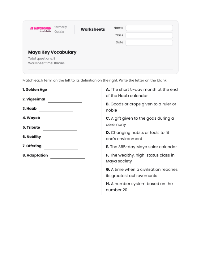 Maya Key Vocabulary - Printable Maya-civilization Worksheets Year 5 - Wayground