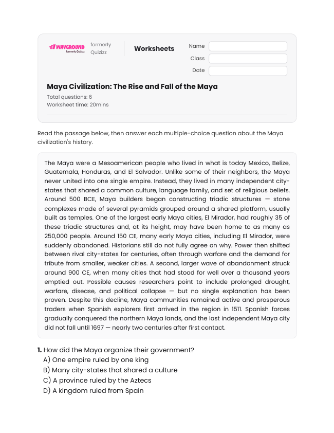 Maya Civilization: The Rise and Fall of the Maya - Imprimible Civilización-maya Hojas-de-trabajo Grado 6 - Wayground