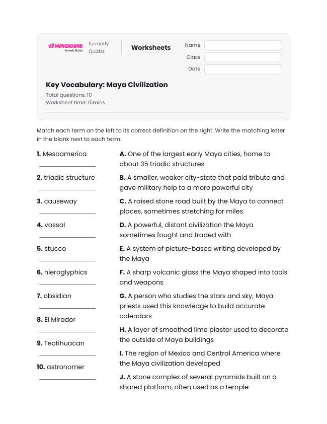 Key Vocabulary: Maya Civilization - Imprimible Civilización-maya Hojas-de-trabajo Grado 6 - Wayground