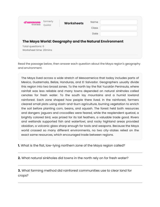 The Maya World: Geography and the Natural Environment - Printable Maya-civilization Worksheets Year 7 - Wayground