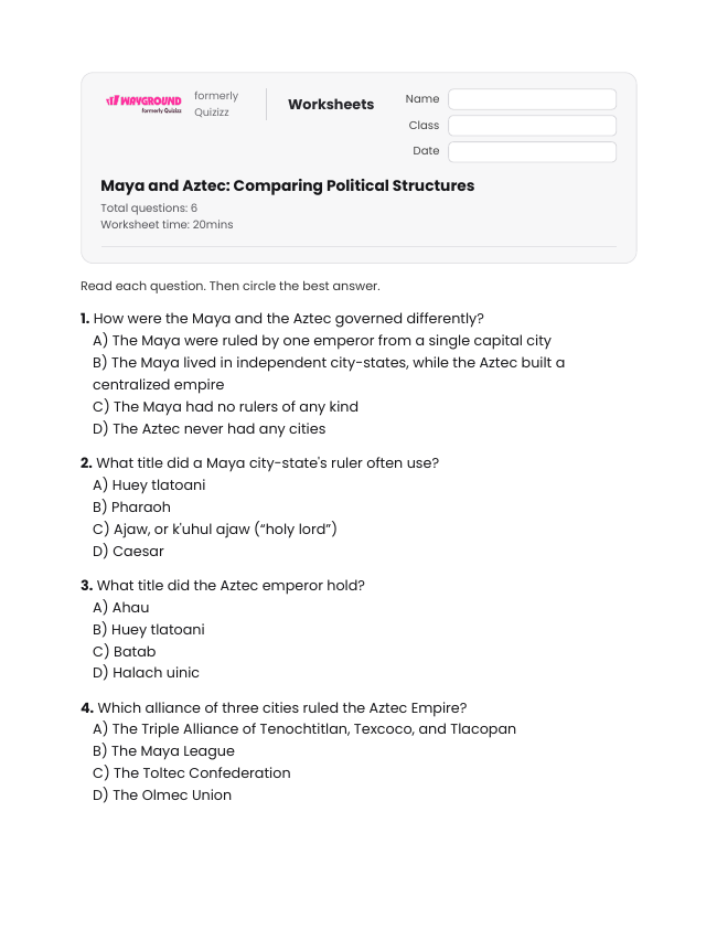 Maya and Aztec: Comparing Political Structures - Printable Maya-civilization Worksheets Year 7 - Wayground