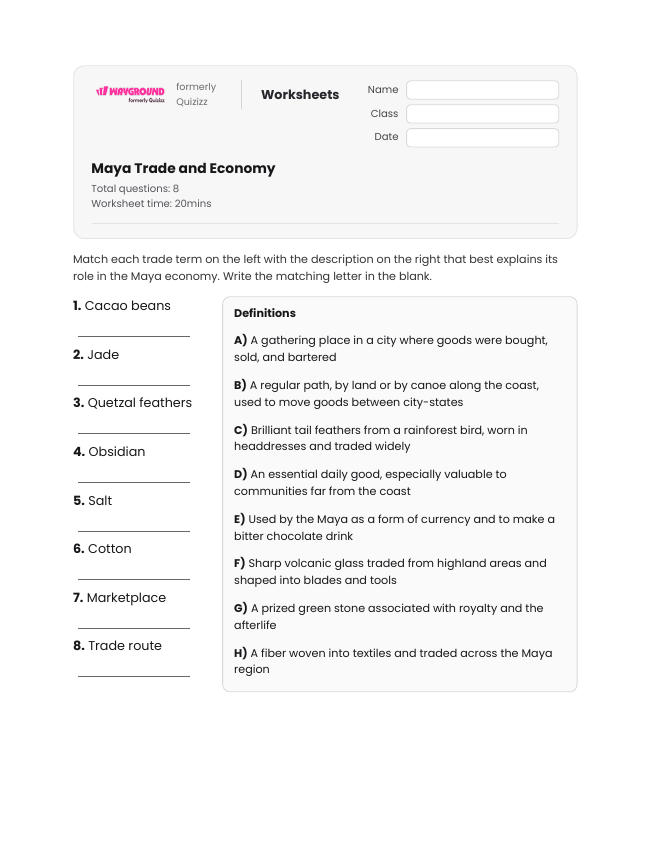 Maya Trade and Economy - Printable Maya-civilization Worksheets Year 7 - Wayground