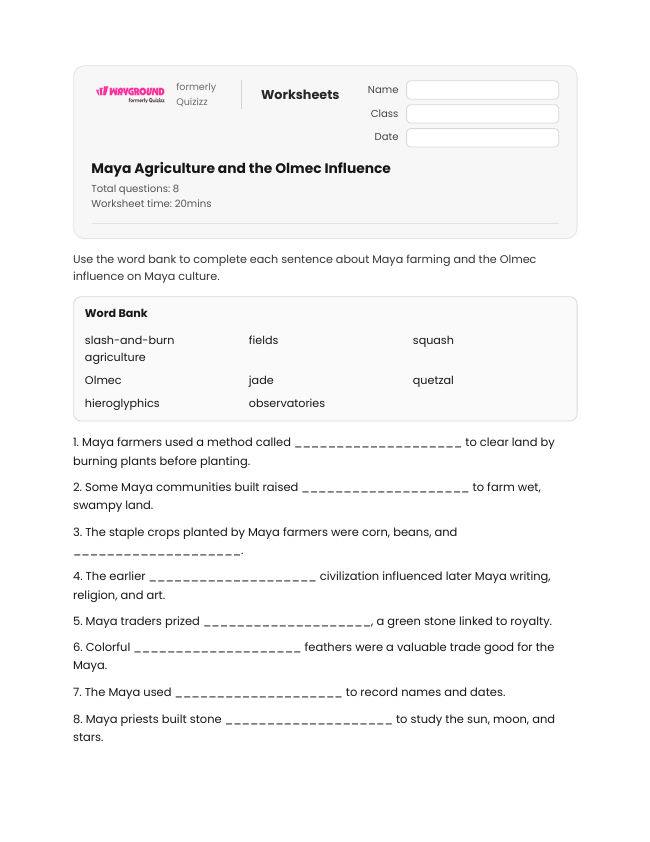 Maya Agriculture and the Olmec Influence - Printable Maya-civilization Worksheets Year 7 - Wayground