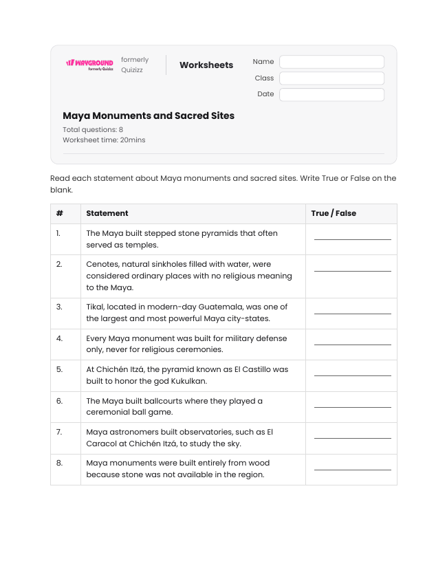 Maya Monuments and Sacred Sites - Printable Maya-civilization Worksheets Year 7 - Wayground