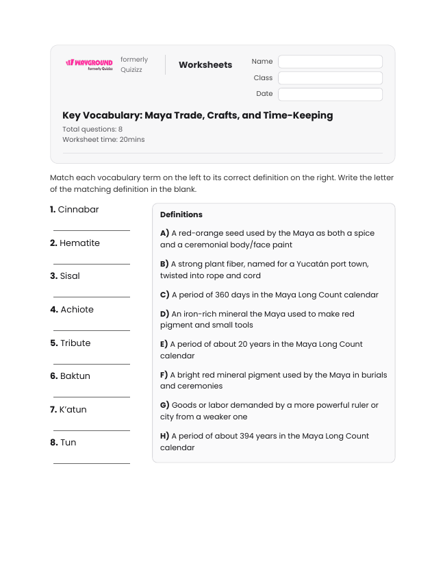 Key Vocabulary: Maya Trade, Crafts, and Time-Keeping - Printable Maya-civilization Worksheets Year 7 - Wayground