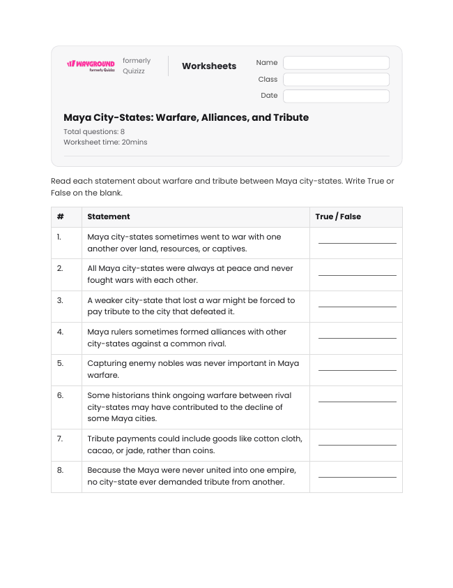 Maya City-States: Warfare, Alliances, and Tribute - Printable Maya-civilization Worksheets Year 7 - Wayground