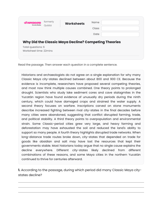 Why Did the Classic Maya Decline? Competing Theories - Printable Maya-civilization Worksheets Year 8 - Wayground