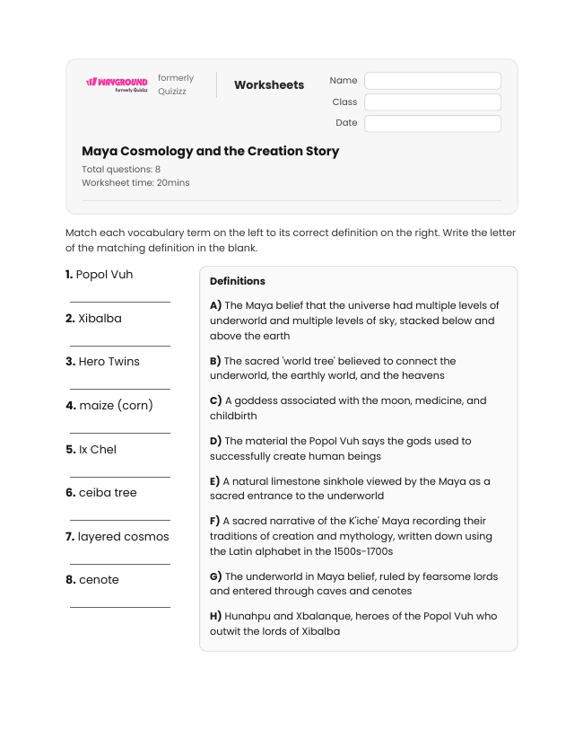 Maya Cosmology and the Creation Story - Printable Maya-civilization Worksheets Year 8 - Wayground
