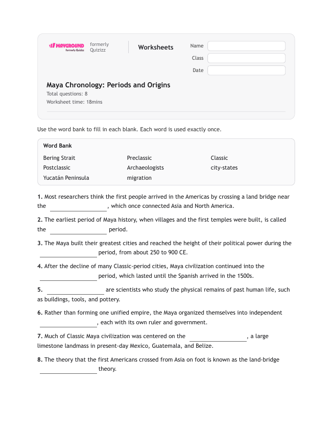 Maya Chronology: Periods and Origins - Printable Maya-civilization Worksheets Year 8 - Wayground