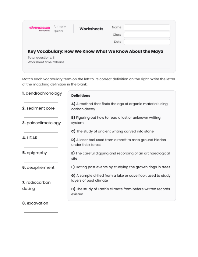 Key Vocabulary: How We Know What We Know About the Maya - Printable Maya-civilization Worksheets Year 8 - Wayground