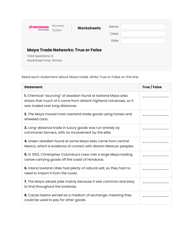Maya Trade Networks: True or False - Printable Maya-civilization Worksheets Year 8 - Wayground