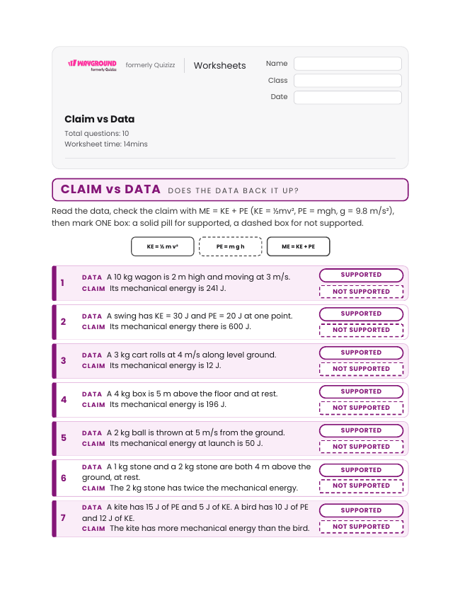 Claim vs Data - Nadający się do druku Energia-mechaniczna Karty-pracy Klasa 7 - Wayground
