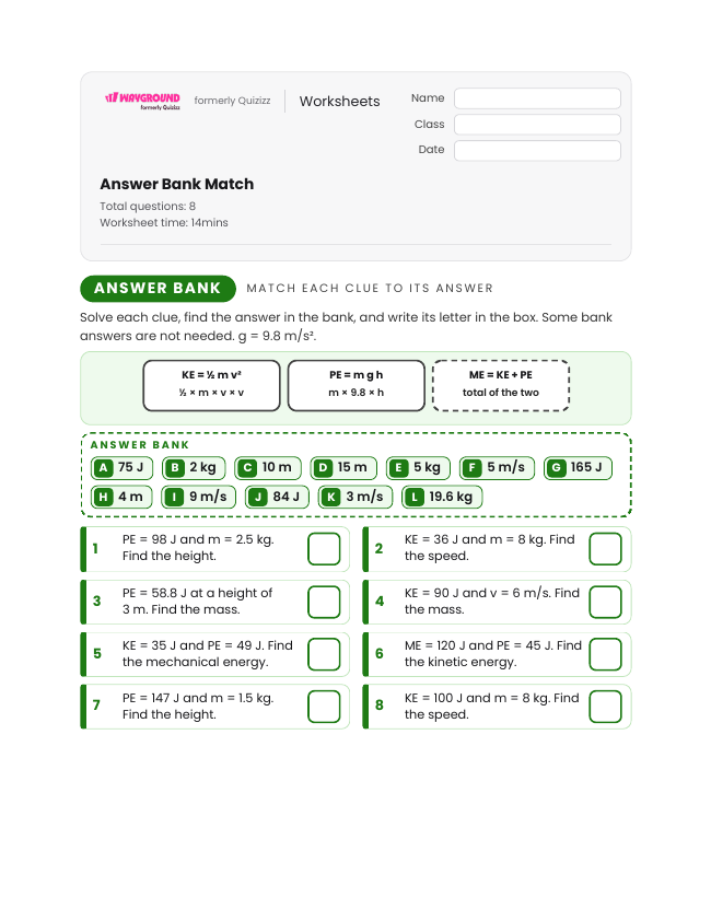 Answer Bank Match - Nadający się do druku Energia-mechaniczna Karty-pracy Klasa 8 - Wayground