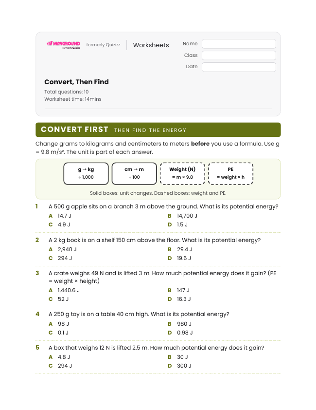 Convert, Then Find - Nadający się do druku Energia-mechaniczna Karty-pracy Klasa 8 - Wayground