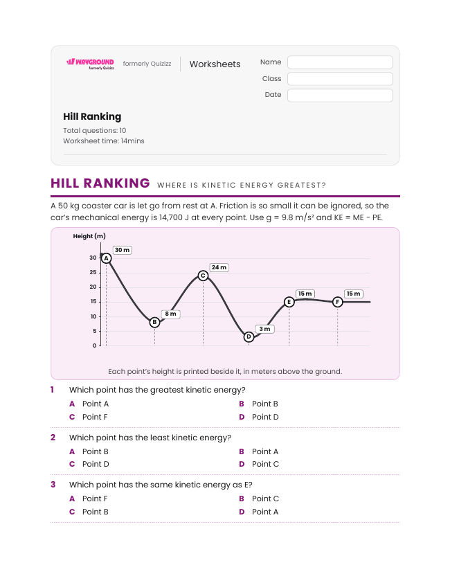 Hill Ranking - Nadający się do druku Energia-mechaniczna Karty-pracy Klasa 8 - Wayground