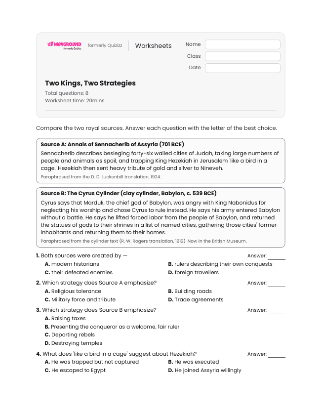 Two Kings, Two Strategies - Printable Mesopotamian-empires Worksheets Class 10 - Wayground