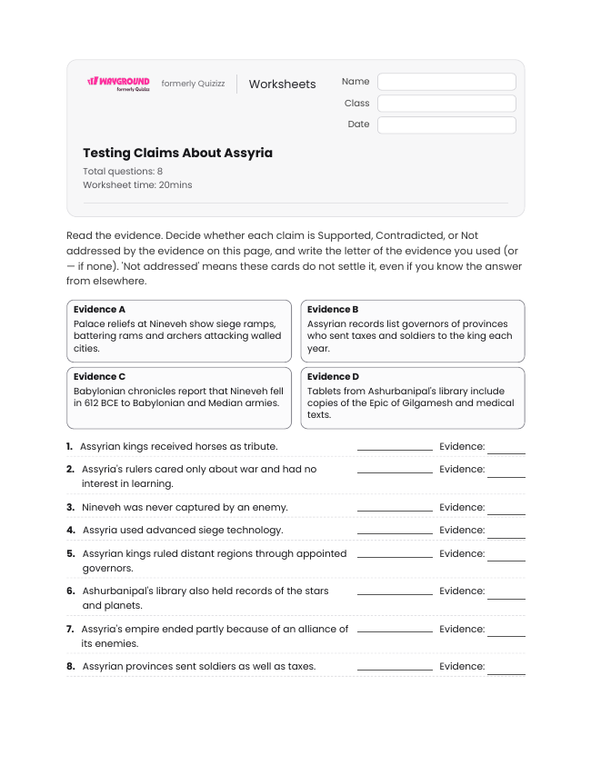 Testing Claims About Assyria - Printable Mesopotamian-empires Worksheets Class 10 - Wayground
