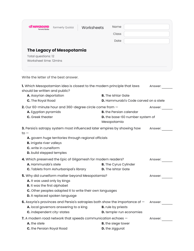 The Legacy of Mesopotamia - Printable Mesopotamian-empires Worksheets Class 10 - Wayground