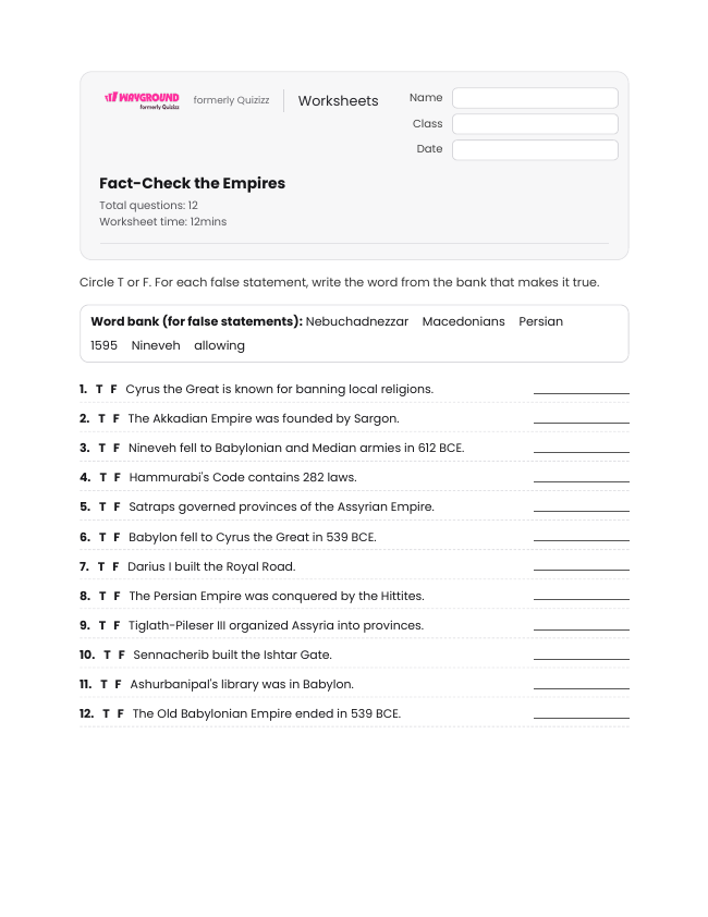 Fact-Check the Empires - Printable Mesopotamian-empires Worksheets Class 10 - Wayground