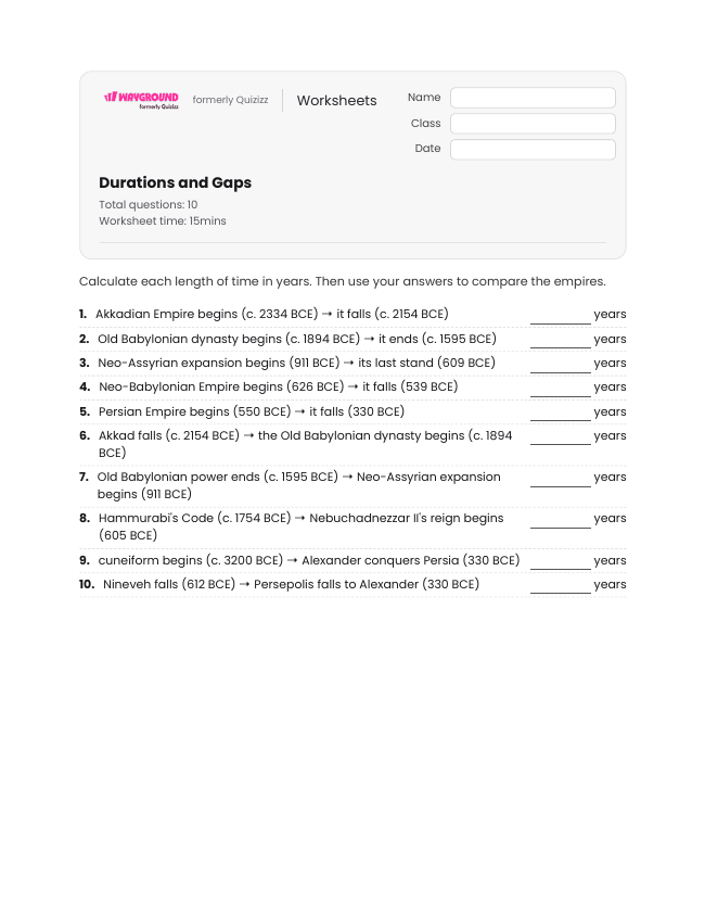 Durations and Gaps - Printable Mesopotamian-empires Worksheets Class 10 - Wayground